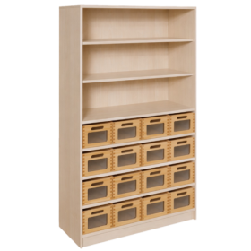 Korpus-Regal mit Materialkästen und offenen Fächern B/H/T: 102x160x40 cm, unten mit 16 Massivholz-Kästen mit Sichtfenster, oben Regal mit 3 Fächern-image