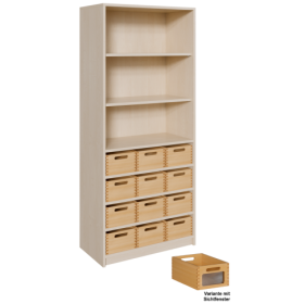 Korpus-Regal mit Materialkästen und offenen Fächern B/H/T: 78x180x40 cm, unten mit 12 Massivholz-Kästen mit Sichtfenster, oben Regal mit 3 Fächern-image