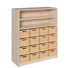 Korpus-Regal mit Materialkästen und offenen Fächern B/H/T: 102x120x40 cm, mit 16 Massivholz-Kästen (ohne Sichtfenster), oben Regal mit 2 Fächern-image