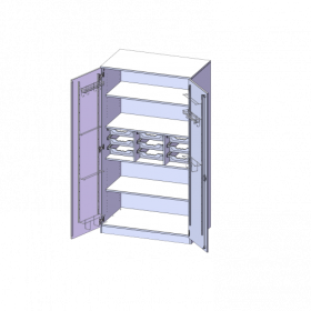 Musikschrank, 5 Ordnerhöhen - Serie evo180 B/H/T: 104,5x190x60 cm, Türen mit Instrumentenhalterungen, mit 9 ErgoTray Boxen, mit Sockel (81 mm)-image