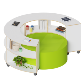 Set aus Sechstelkreisregalen und Sitzelement 4 fahrbare Sechstelkreisregale ohne Rückwand und mittiges Kunstleder-Sitzelement als Set, Dm/H: 197x45/82 cm-image