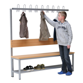Umkleidebank einseitig mit Sitzfläche Melamin und Hakenleiste B/H/T: 100x45/155x38 cm, Sitzbank aus feuerhemmendem Material mit Schuhrost und Garderobenleiste mit Dreifachhaken-image
