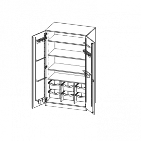 Musikschrank, 5 Ordnerhöhen - Serie evo180 B/H/T: 104,5x190x60 cm, Türen mit Instrumentenhalterungen, mit 6 ErgoTray Boxen, mit Sockel (81 mm)-image