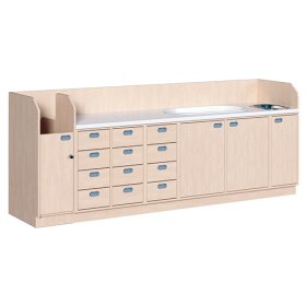 Wickelkommode, vierreihig zuzüglich Badewanne und Waschbecken B/H: 285x113 cm, Integrierter Aufgang, 12 Schübe und Badewanne, Waschbecken Wickelkommode, vierreihig zuzüglich Badewanne und Waschbecken B/H: 285x113 cm, Integrierter Aufgang, 12 Schübe und Badewanne, Waschbecken-image