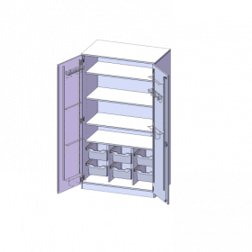 Musikschrank, 5 Ordnerhöhen - Serie evo180 B/H/T: 104,5x190x60 cm, Türen mit Instrumentenhalterungen, mit 6 ErgoTray Boxen, mit Sockel (81 mm)-image