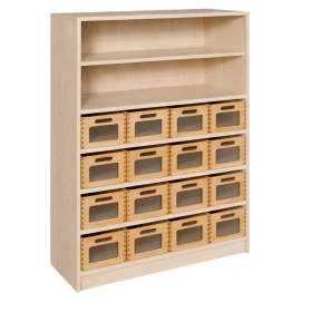 Korpus-Regal mit Materialkästen und offenen Fächern B/H/T: 102x120x40 cm, mit 16 Massivholz-Kästen mit Sichtfenster, oben Regal mit 2 Fächern-image