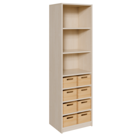 Korpus-Regal mit Materialkästen und offenen Fächern B/H/T: 52x180x40 cm, unten mit 8 Massivholz-Kästen (ohne Sichtfenster), oben Regal mit 3 Fächern-image