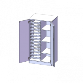 ErgoTray Schrank, zweireihig, 3,5 Ordnerhöhen - evo180 Serie B/H/T: 70,3x136x50 cm, zweitürig, mit Sockel (81 mm), mit 12 flachen ErgoTray Boxen-image