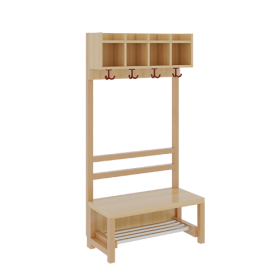 Komplettgarderobe mit einfacher Ablagereihe B/H/T: 80x158x39 cm, 4 Plätze, Sitzhöhe: 42 cm, offene Stütze in Buche-massiv, mit Schuhrost aus Aluminiumrohren-image