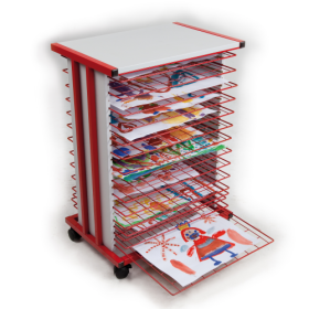 Trockenwagen fahrbar mit 25 Trockengittern DIN A3 B/H/T: 59,5x83x42 cm Gestellfarbe rot, Plattendekor Grau-image