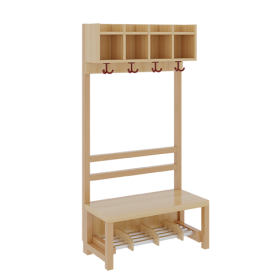 Komplettgarderobe mit einfacher Ablagereihe B/H/T: 80x158x39 cm, 4 Plätze, Sitzhöhe: 42 cm, offene Stütze in Buche-massiv, Schuhrost aus Aluminiumrohren mit Facheinteilungen-image