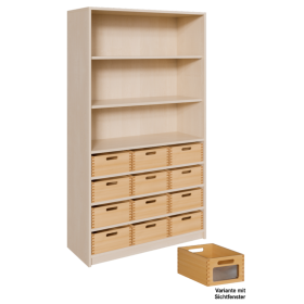 Korpus-Regal mit Materialkästen und offenen Fächern B/H/T: 102x180x40 cm, mit 12 Massivholz-Kästen mit Sichtfenster, oben Regal mit 3 Fächern-image