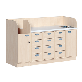Wickelkommode, vierreihig zuzüglich Waschbecken B/H: 179x113 cm, Integrierter Aufgang, 12 Schübe und Waschbecken Wickelkommode, vierreihig zuzüglich Waschbecken B/H: 179x113 cm, Integrierter Aufgang, 12 Schübe und Waschbecken-image