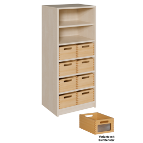 Korpus-Regal mit Materialkästen und offenen Fächern B/H/T: 52x120x40 cm, mit 8 Massivholz-Kästen mit Sichtfenster, oben Regal mit 2 Fächern-image