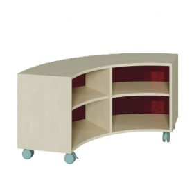 Korpus-Regal auf 1/4-Kreis-Grundriß, Rückwand aus farbiger Plexiglasplatte Bogenregal auf 90° in 3 Höhen, mit Zwischenböden, Plexiglasmaterial als Rückwand-image