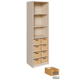 Korpus-Regal mit Materialkästen und offenen Fächern B/H/T: 52x180x40 cm, unten mit 8 Massivholz-Kästen mit Sichtfenster, oben Regal mit 3 Fächern-image