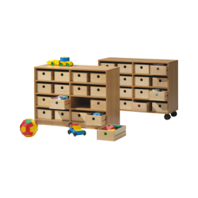 Fahrbares Regal mit MW, 6 Böden und 16 HK 7 B/H/T 104x77x40 cm, Holzkästen Buche-image