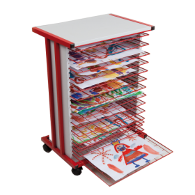 Trockenwagen fahrbar mit 15 Trockengittern DIN A3 B/H/T: 59,5x83x42 cm Gestellfarbe rot, Plattendekor Grau-image