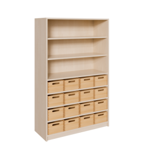 Korpus-Regal mit Materialkästen und offenen Fächern B/H/T: 102x160x40 cm, unten mit 16 Massivholz-Kästen (ohne Sichtfenster), oben Regal mit 3 Fächern-image