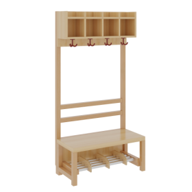 Komplettgarderobe mit einfacher Ablagereihe B/H/T: 80x130x39 cm, 4 Plätze, Sitzhöhe: 34 cm, offene Stütze in Buche-massiv, mit Schuhrost aus Aluminiumrohren-image