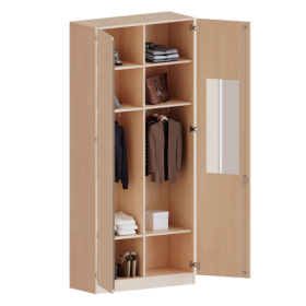 Garderobenschrank mit Spiegel und Garderobenstange, 6 Ordnerhöhen - Serie evo180 Gesamthöhe 226 cm, 2 Türen, abschließbar, mit Mittelwand, beide Seiten Garderobe, mit Sockel (81 mm)-image