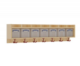 einfache Garderobenablage B/H/T: 140x34,5x27 cm, oben 7 flache, nach oben offene Ablagen, darunter 7 Kunststoffboxen mit Deckel, unten 3fach-Haken-image