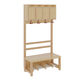 Komplettgarderobe mit Ablagen und Türen B/H/T: 80x158x39 cm, 4 Plätze, Sitzhöhe: 42 cm, offene Stütze in Buche-massiv, Schuhrost aus Aluminiumrohren mit Facheinteilungen-image