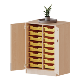 ErgoTray Schrank, zweireihig, 2,5 Ordnerhöhen - evo180 Serie B/H/T: 70,3x100x50 cm, Breite 70,3 cm, Gesathöhe 100 cm, zweitürig, mit Sockel, mit 16 flachen ErgoTray Boxen-image