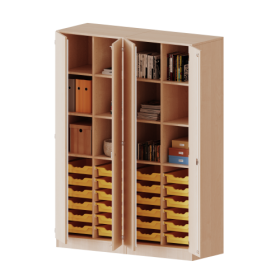 ErgoTray Schrank, zweiteilig, vierreihig, 5 Ordnerhöhen - evo180 Serie B/H/T: 140,6x190x50 cm, viertürig, zweiteilig, mit Sockel (81 mm), mit 2 Mittelwänden, mit 24 flachen ErgoTray Boxen-image
