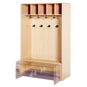Korpusgarderobe mit einschiebbarer Bank Bank mit Schuhrost, je Platz mit 3fach- und 2fach-Haken, H/T: 158x46 cm Korpusgarderobe mit einschiebbarer Bank Bank mit Schuhrost, je Platz mit 3fach- und 2fach-Haken, H/T: 158x46 cm-image