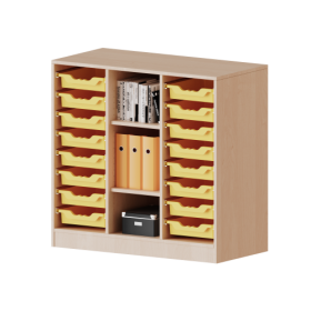 ErgoTray Regal, dreireihig, 2,5 Ordnerhöhen - evo180 Serie Breite 104,5 cm, Gesamthöhe 100 cm, mit Sockel, rechts und links je 8 flache ErgoTray Boxen, 3 Fächer in der Mitte-image