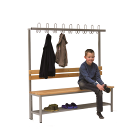 Umkleidebank einseitig mit Sitzfläche Melamin und Hakenleiste B/H/T: 100x45/155x38 cm, Sitzbank mit Schuhrost und Garderobenleiste mit Dreifachhaken, die RAL- Farbe ist wählbar-image