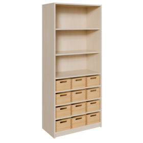 Korpus-Regal mit Materialkästen und offenen Fächern B/H/T: 78x180x40 cm, unten mit 12 Massivholz-Kästen (ohne Sichtfenster), oben Regal mit 3 Fächern-image