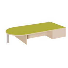 Freiform-Podest, zweiseitig offen und Halbrundansatz, Linoleum-Deckplatte B/H/T: 150x24x70 cm, mit 2 Rollkastengaragen und Halbrundbereich R 35 cm offen mit Stützfuß-image