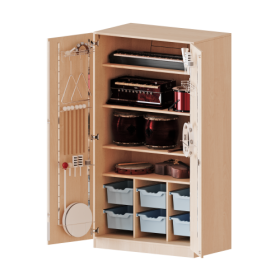 Musikschrank, 5 Ordnerhöhen - Serie evo180 B/H/T: 104,5x190x60 cm, Türen mit Instrumentenhalterungen, mit 6 ErgoTray Boxen, mit Sockel (81 mm)-image