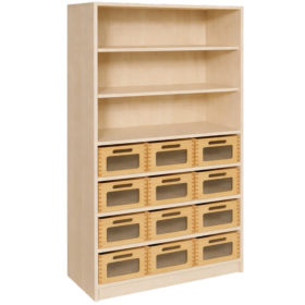 Korpus-Regal mit Materialkästen und offenen Fächern B/H/T: 102x160x40 cm, mit 12 Massivholz-Kästen mit Sichtfenster, oben Regal mit 3 Fächern-image