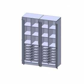 ErgoTray Schrank, zweiteilig, vierreihig, 5 Ordnerhöhen - evo180 Serie B/H/T: 140,6x190x50 cm, viertürig, zweiteilig, mit Sockel (81 mm), mit 2 Mittelwänden, mit 24 flachen ErgoTray Boxen-image