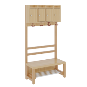 Komplettgarderobe mit Ablagen und Türen B/H/T: 80x158x39 cm, 4 Plätze, Sitzhöhe: 34 cm, offene Stütze in Buche-massiv, mit Schuhrost aus Aluminiumrohren-image