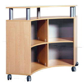 Empfangstresen B/H/T: 140x109x57 cm, fahrbares Viertelkreisregal mit Aufsatzbord-image