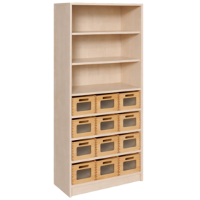 Korpus-Regal mit Materialkästen und offenen Fächern B/H/T: 78x160x40 cm, unten mit 12 Massivholz-Kästen mit Sichtfenster, oben Regal mit 3 Fächern-image
