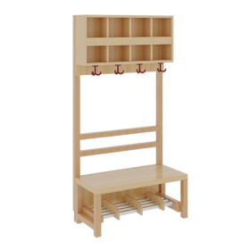 Komplettgarderobe mit doppelter Ablagereihe B/H/T: 80x158x39 cm, 4 Plätze, Sitzhöhe: 42 cm, offene Stütze in Buche-massiv, Schuhrost aus Aluminiumrohren mit Facheinteilungen-image