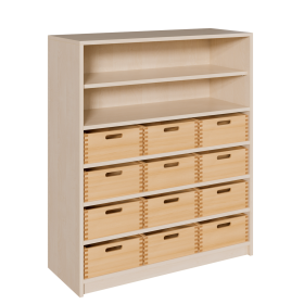 Korpus-Regal mit Materialkästen und offenen Fächern B/H/T: 102x120x40 cm, mit 12 Massivholz-Kästen (ohne Sichtfenster), oben Regal mit 2 Fächern-image