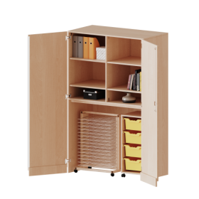 Garagenschrank ohne Sockel, 5 Ordnerhöhen - Serie evo180 B/H/T: 120x190x60 cm, 1 Container mit 4 hohen ErgoTray Boxen und Trockenwagen TW15-image