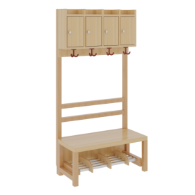 Komplettgarderobe mit Ablagen und Türen B/H/T: 80x158x39 cm, 4 Plätze, Sitzhöhe: 34 cm, offene Stütze in Buche-massiv, Schuhrost aus Aluminiumrohren mit Facheinteilungen-image
