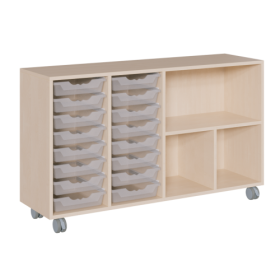 fahrbares Regal in Korpusbauweise B/T: 139x40 cm, 3 verschiedene Höhen, in 4 Reihen unterschiedlich hohe ErgoTray-Boxen und Fächer-image