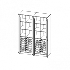 ErgoTray Schrank, zweiteilig, vierreihig, 5 Ordnerhöhen - evo180 Serie B/H/T: 140,6x190x50 cm, viertürig, zweiteilig, mit Sockel (81 mm), mit 2 Mittelwänden, mit 24 flachen ErgoTray Boxen-image