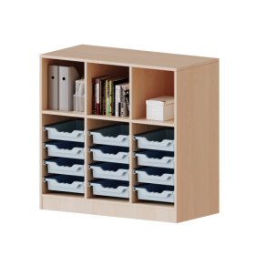 ErgoTray Regal, dreireihig, 2,5 Ordnerhöhen - evo180 Serie Breite 104,5 cm, Gesamthöhe 100 cm, mit Sockel, oben 3 Fächer, unten 12 flache ErgoTray Boxen-image