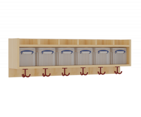 einfache Garderobenablage B/H/T: 120x34,5x27 cm, oben 6 flache, nach oben offene Ablagen, darunter 6 Kunststoffboxen mit Deckel, unten 3fach-Haken-image
