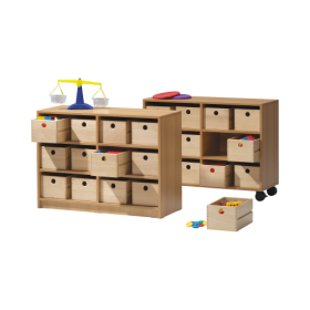 Fahrbares Regal mit MW, 4 Böden und 12 HK 5 B/H/T 104x77x40 cm, Holzkästen Buche-image