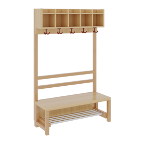 Komplettgarderobe mit einfacher Ablagereihe B/H/T: 100x130x39 cm, 5 Plätze, Sitzhöhe: 34 cm, offene Stütze in Buche-massiv, mit Schuhrost aus Aluminiumrohren-image